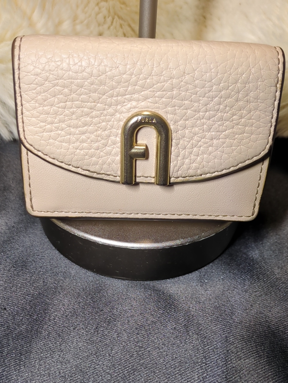 Furla Pebbled & Smooth Leather Mini Wallet - Light Beige with Gold Hardware $70